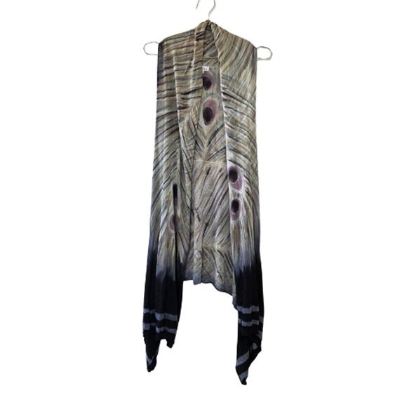 Adore Peacock Feather Print Open Front Vest Cardigan Waterfall Hem Women Size L - Picture 1 of 11